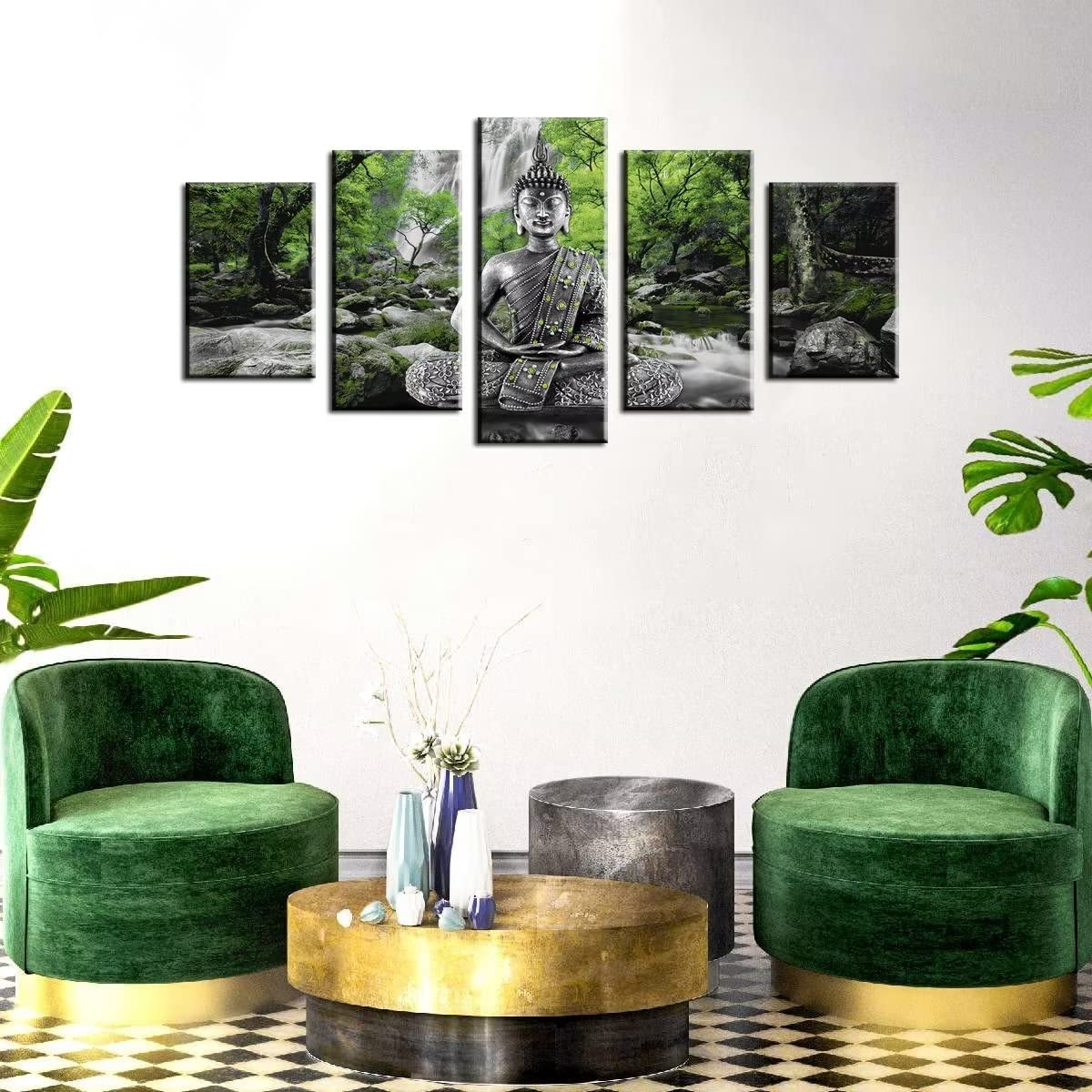 Buddha Wall Art Canvas Painting Framed 5 Panels for Living Room Decoration Modern Landscape Buddha Waterfall Trees Zen Stretched Artwork Giclee (Green / 60"x30")