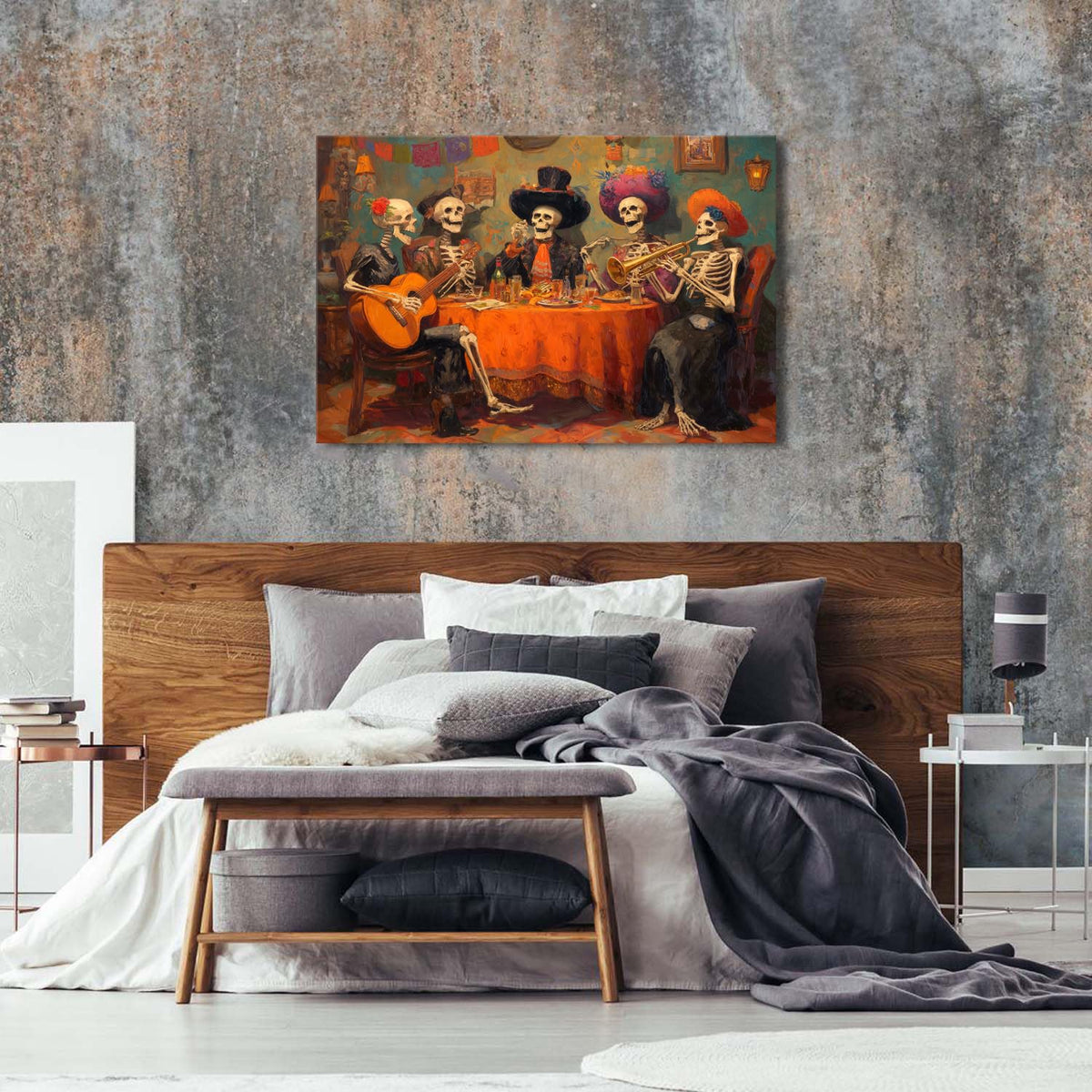 Funny Skull Canvas Wall Art Halloween Wall Decor Skeletons Party Painting Posters Watercolor Gothic Skulls Prints Pictures Halloween Artwork for Living Dining Room Kitchen Home Decorations 34x48" (48"L x 32"W / Skull Party)