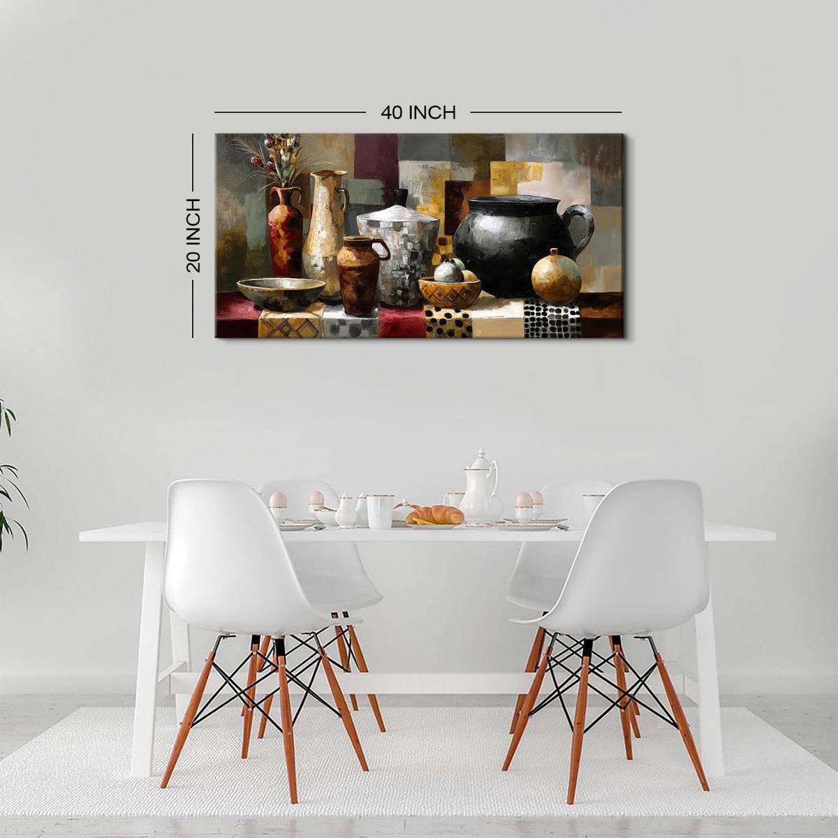 Vintage Dining Room Geometric Wall Art Abstract Antique Crocks Picture Kitchen Art Farmhouse Neutral Wall Decor Brown Vases Flower Painting Mid Century Modern Artwork Living Room Decorations 20x40" (40"L x 20"W / Jar)