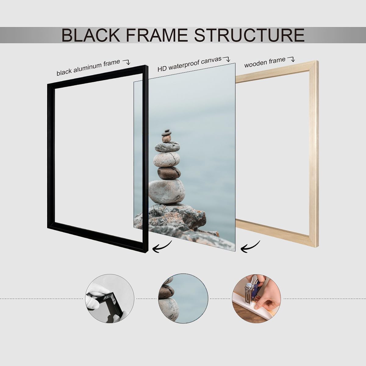Minimal Zen Rock Stack Wall Art (Black Aluminum Frame-6 / 16"L x 20"W)