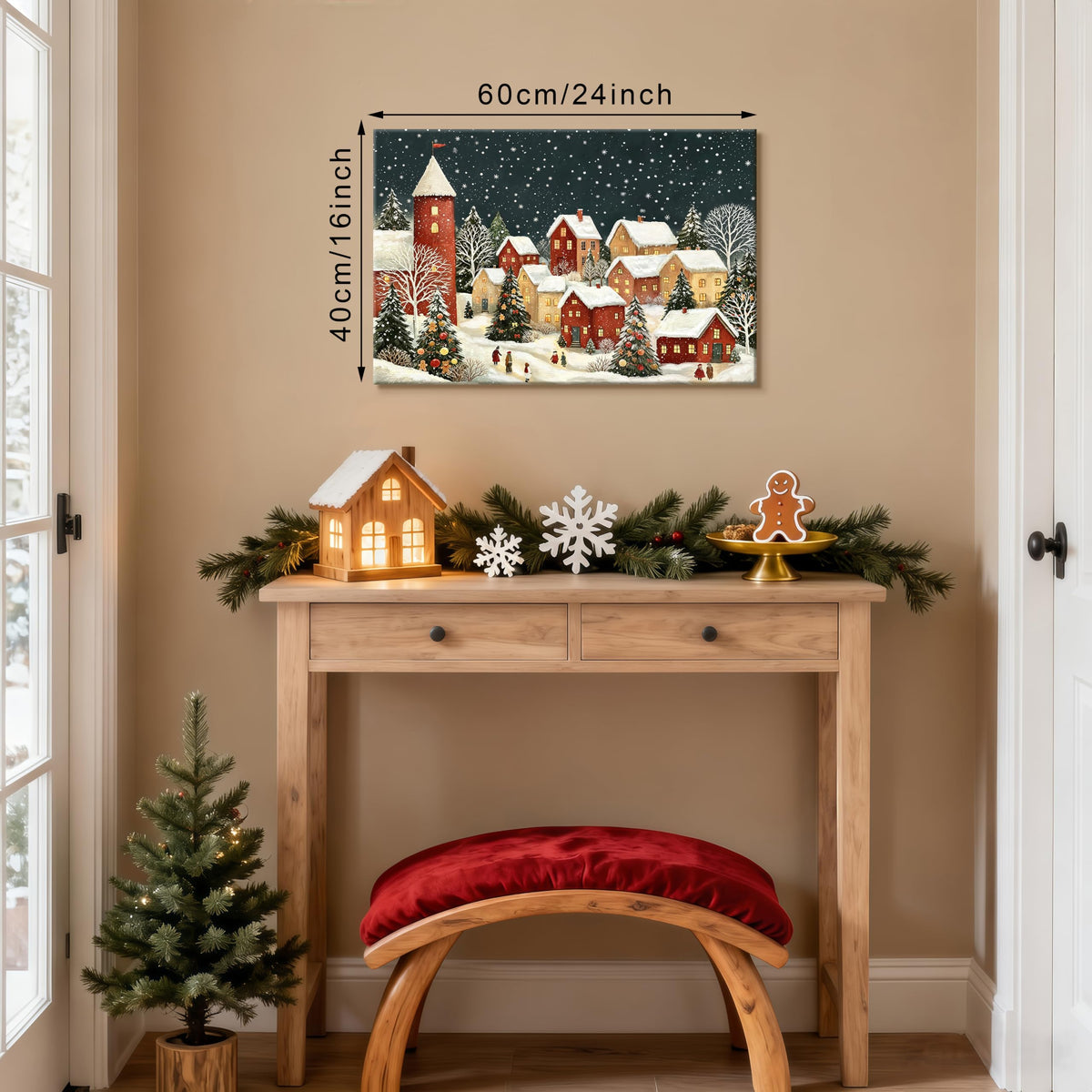 Vintage Christmas Winter Village Canvas Wall Art 16"x24" (Red Snow Town / 24"L x 16"W)