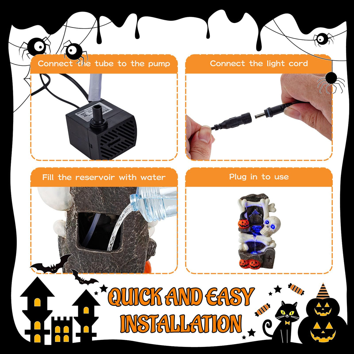 Halloween Water Fountain (18.3" Skull & Pumpkin Head)