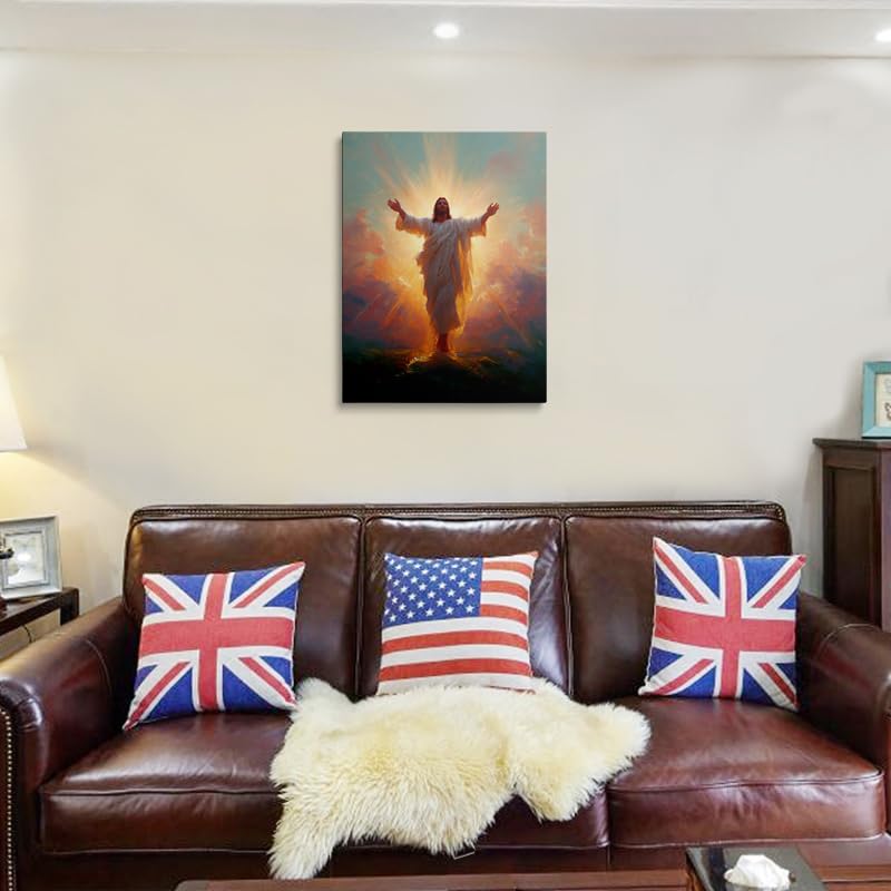 Risen Christ Canvas Wall Art Framed Painting Jesus with Divine Light Rays Outstretched Arms in White Robes Religious Christian Wall Decor Artwork Print Poster 16x24 Inches (Illuminating Jesus / 24"L x 16"W)
