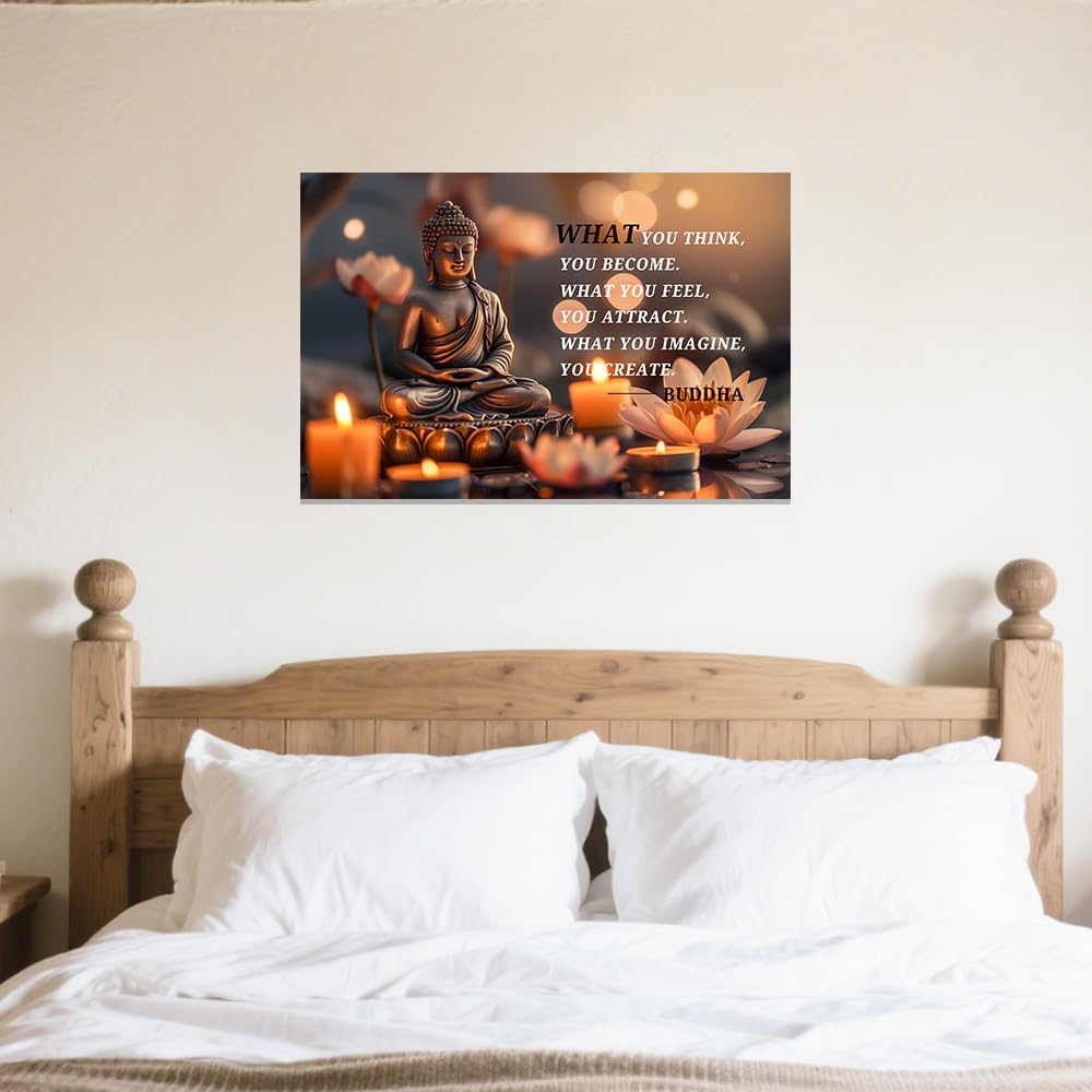 Buddhist Motivational Quotes Wall Art Canvas Prints Buddha Lotus Painting Zen Bathroom Pictures for Office Home Spa Yoga Room Wall Decor Framed (Orange / 16" x 24")