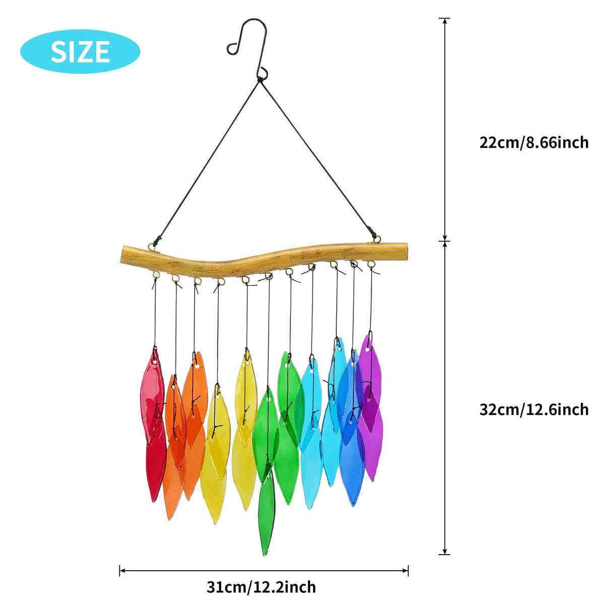 Rainbow Glass Leaf Wind Chimes Indoor Outdoor Garden Patio Decor (Red and Green)