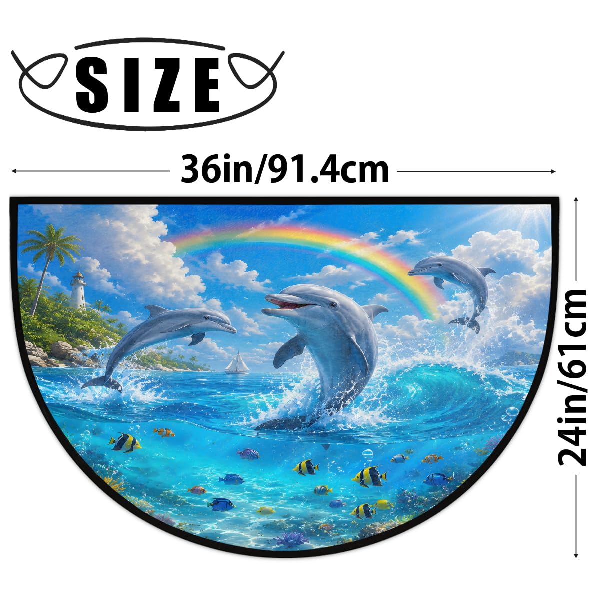 Dolphin Ocean Rainbow Half Round Mat Half Moon Door Rug Washable Durable Semi Circle Carpet Floor mats for Indoor Outdoor Bathroom Kitchen Patio Hearth Rug Laundry Room Home Decoration (D 031)