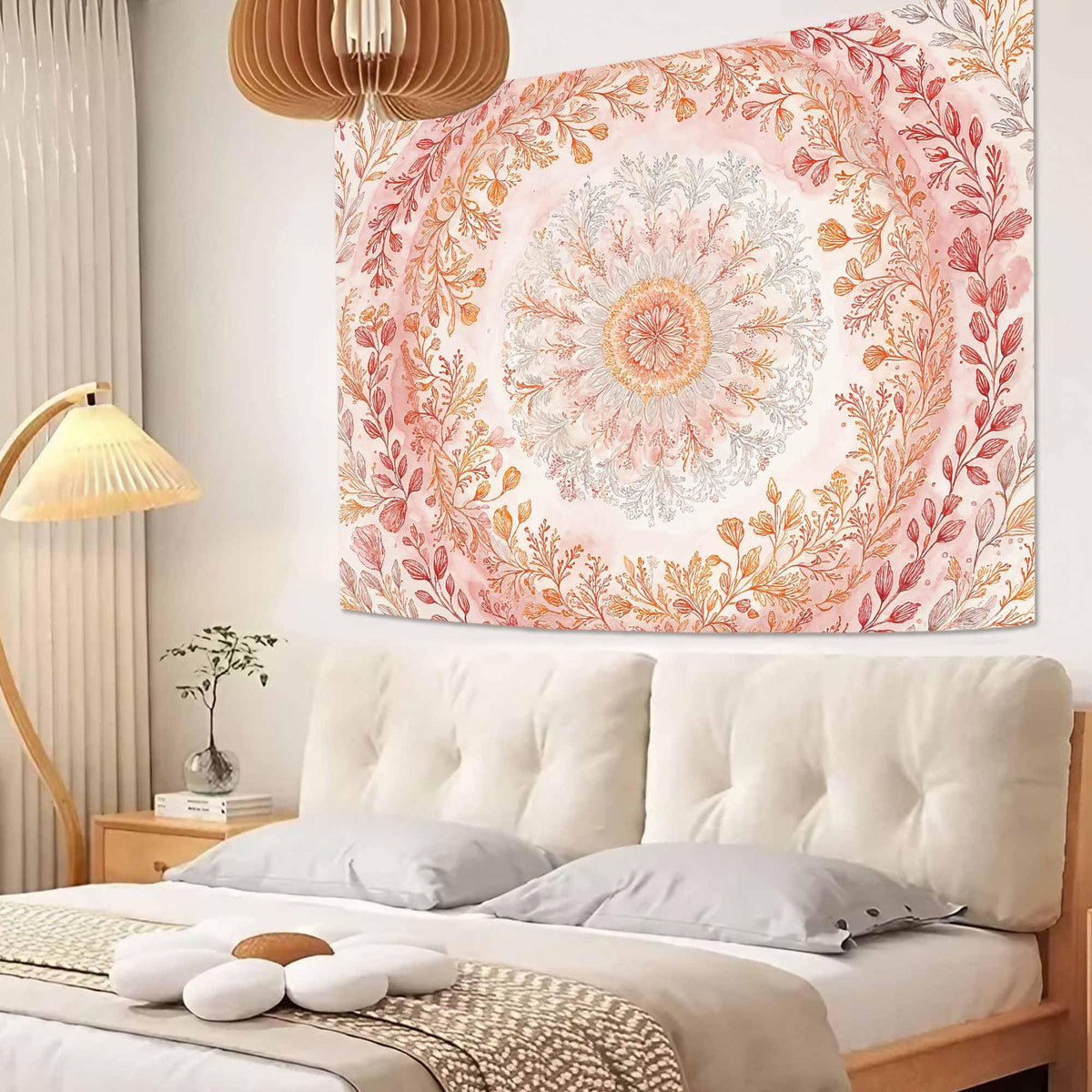 Watercolor Floral Mandala Tapestry (60"L x 44"W / Orange White)