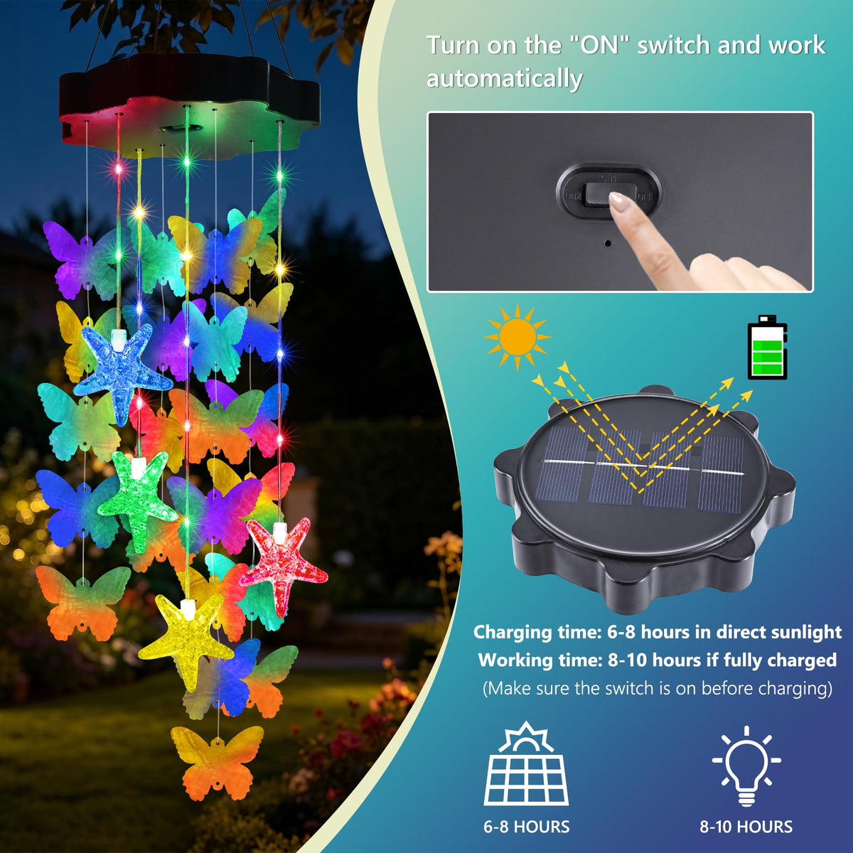 Hanging Outdoor Solar Butterfly Shell Wind Chimes (Multicolor-2)