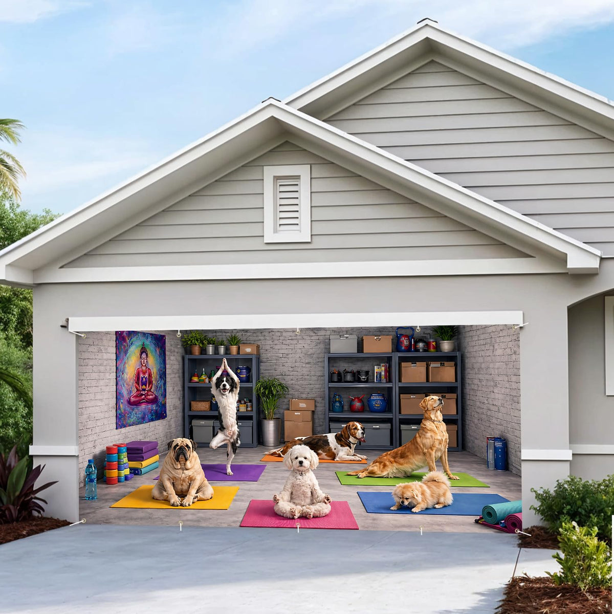 Dogs Yoga Garage Door Banner Mural (203 / 7 x 16 ft)