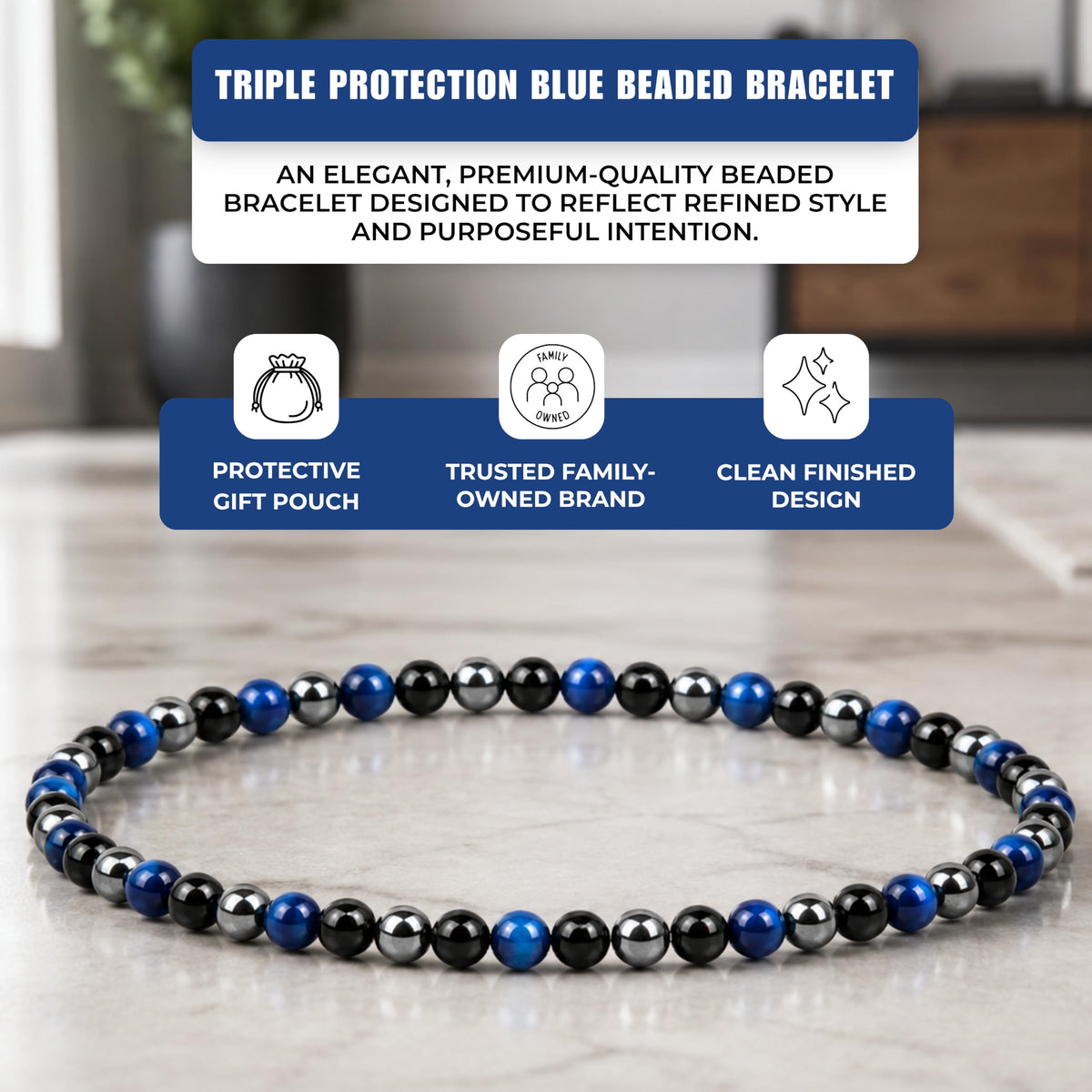 Triple Protection Blue 4mm Beaded Bracelet (Triple Protection Blue / Large)