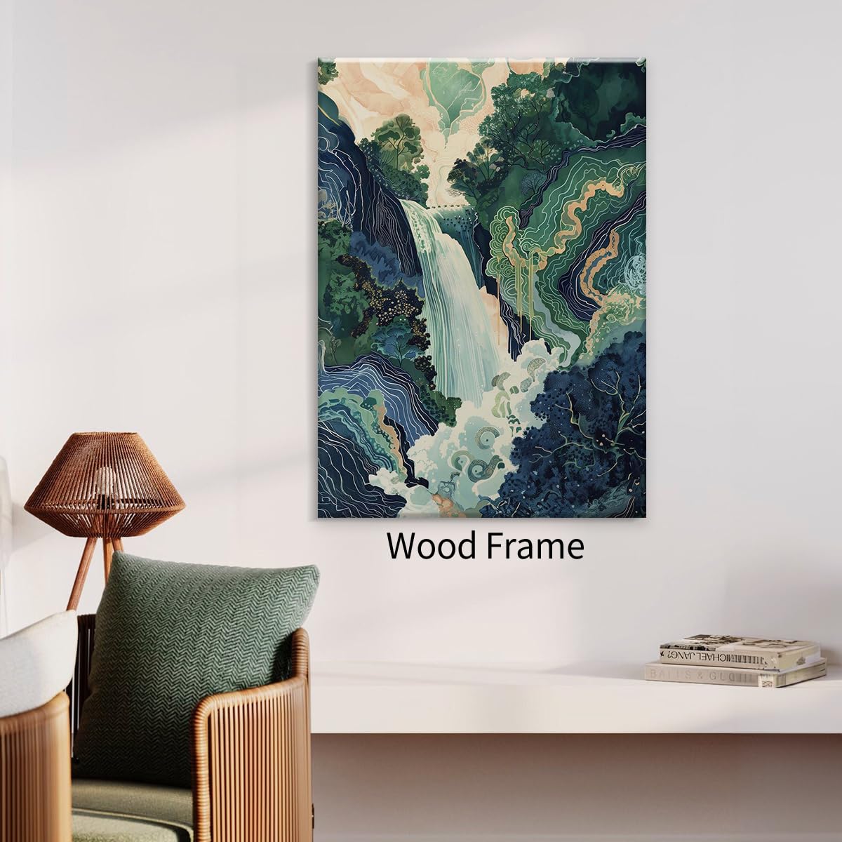 Japanese Landscape Framed Prints Poster Abstract Nature Mountain Canvas Wall Art 12x18 inch Vintage Asian Waterfall Painting Ukiyo (Wrapped Canvas / Japanese Painting / 18"L x 12"W)