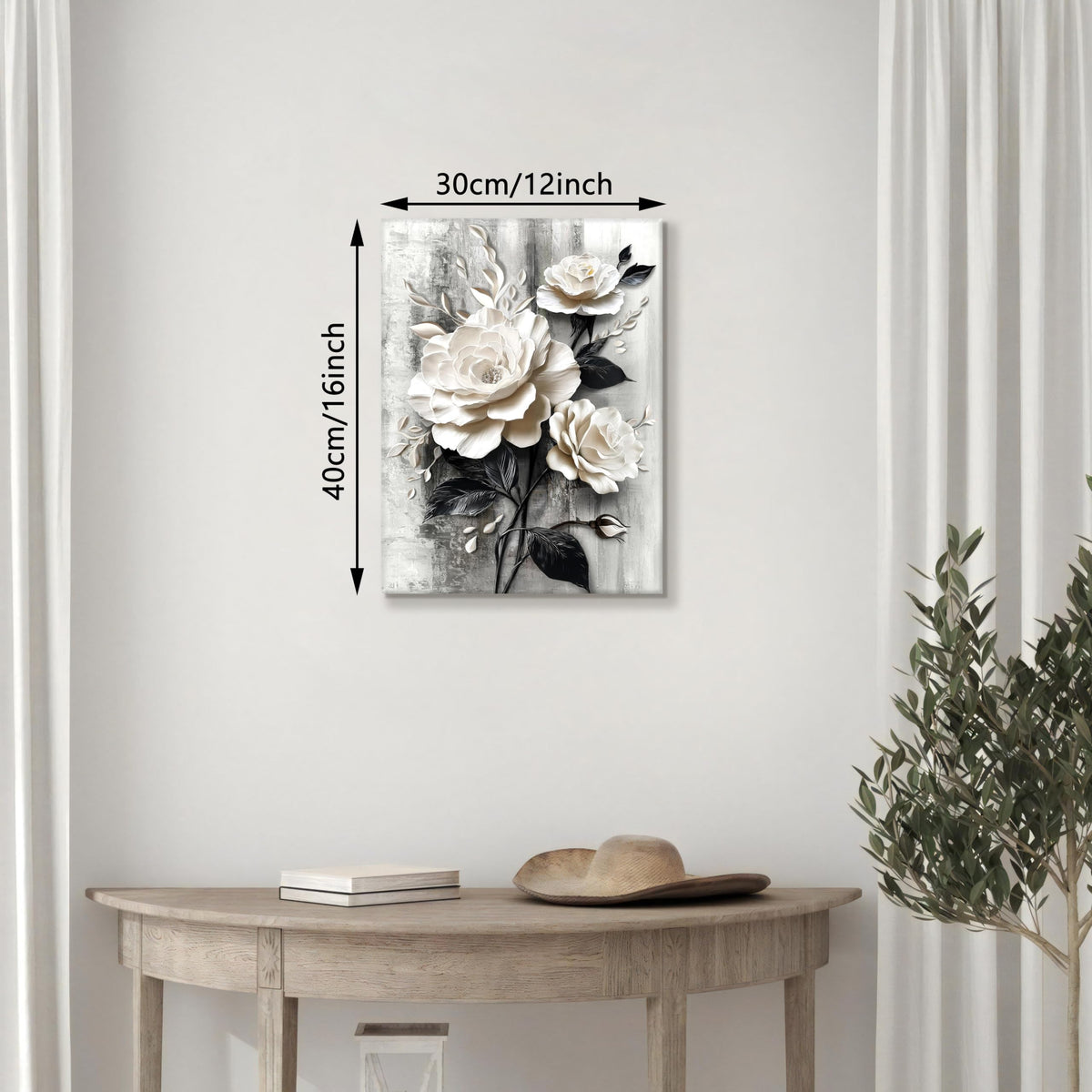 Elegant Rose Canvas Wall Art Print Modern White and Black Floral Picture Poster Abstract Blooming Flowers Painting Vintage Artwork for Living Room Bedroom Bathroom Office 12x16in (White Roses / 16"L x 12"W)