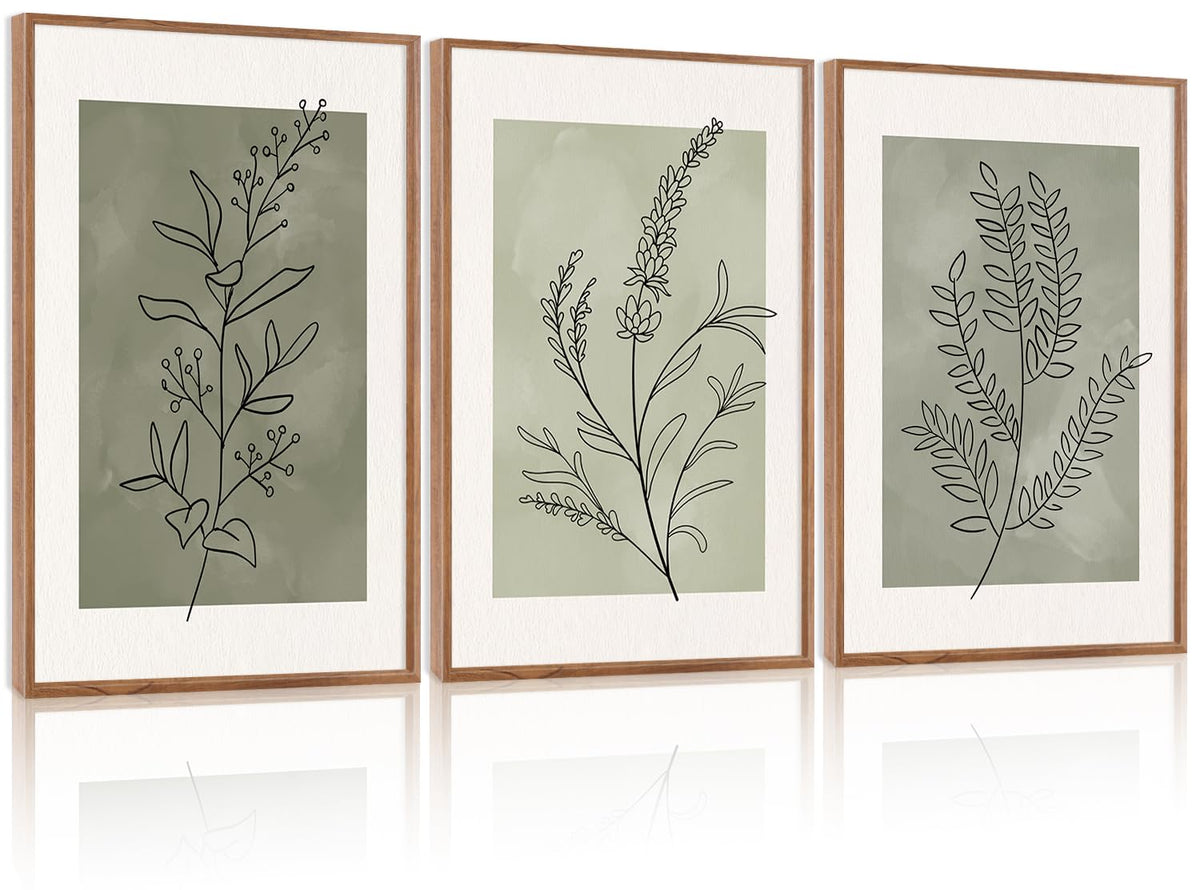 Sage Green Framed Canvas Wall Art (Minimalism Floral / 16"L x 24"W)