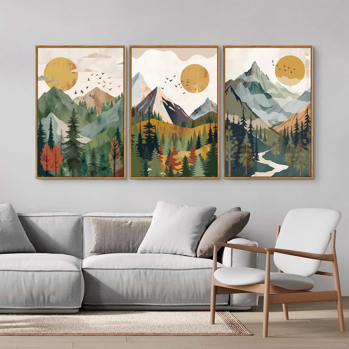 Boho Mountain Framed Canvas Wall Art (Watercolor Sun Forest / 36"L x 24"W)