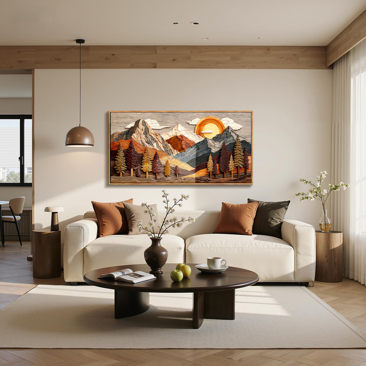 Abstract Mountain Large Framed Wall Art Modern Nature Decor Neutral (Wooden Mountain Print / 40"L x 20"W)