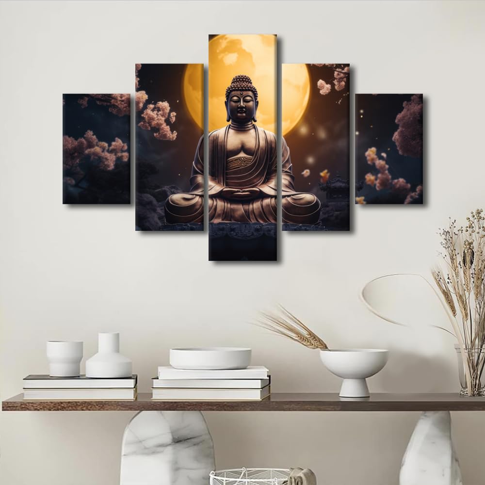 Canvas Wall Art Modern Buddha Painting Art Decor Buddha Statue Surrounded By Trees Poster Prints on Canvas 5 Panel Canvas Art for Bedroom Office Decor Stretched and Framed Ready to Hang 60x40 in (60x40 in / 5PANEL-11)