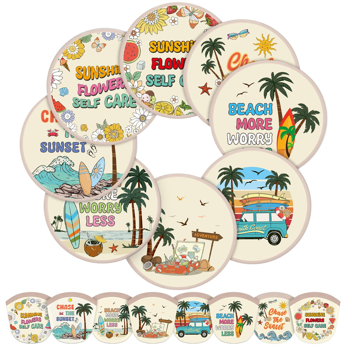 24 Pcs Beach Vacation Foldable Hand Fans Flying Disc 8 Style (Beach Vacation)