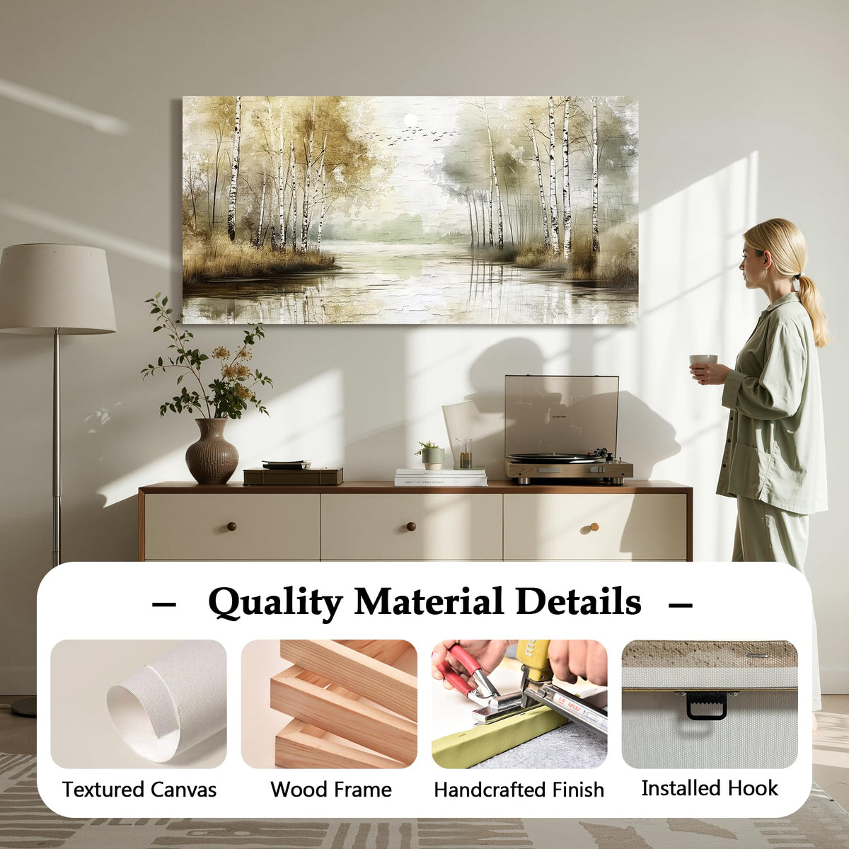 Birch Forest Large Wall Art Neutral Landscape Living Room Decor (Neutral Birch Forest / 48"L x 24"W)