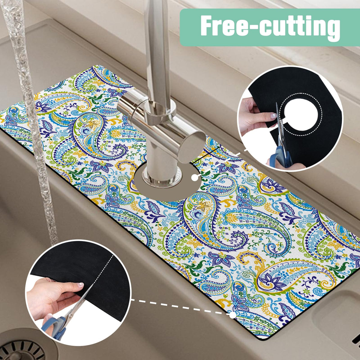 Kitchen Sink Splash Guard Faucet Mat 15" X 5.5" Paisley Absorbent Fast Drying Mat Faucet Draining Mat Sink Splash Guard Behind Faucet Drip Catcher for Kitchen Bathroom (15*5.5in / paisley02)