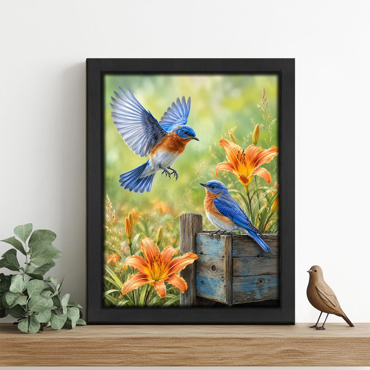 Bluebird Flower Decor Wall Art (Wall Art Framed 16 / 20"L x 16"W)
