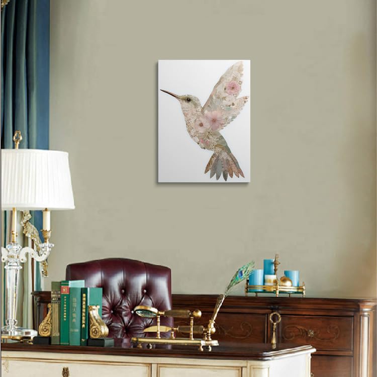 Romantic Hummingbird Art Vintage Style Framed Collage Wall Decor Made from Floral Illustrations & Lace in Soft Pink Cream Sage Green Tones Nature Themed Artwork for Living Room 16x24 Inches (Hummingbird / 24"L x 16"W)