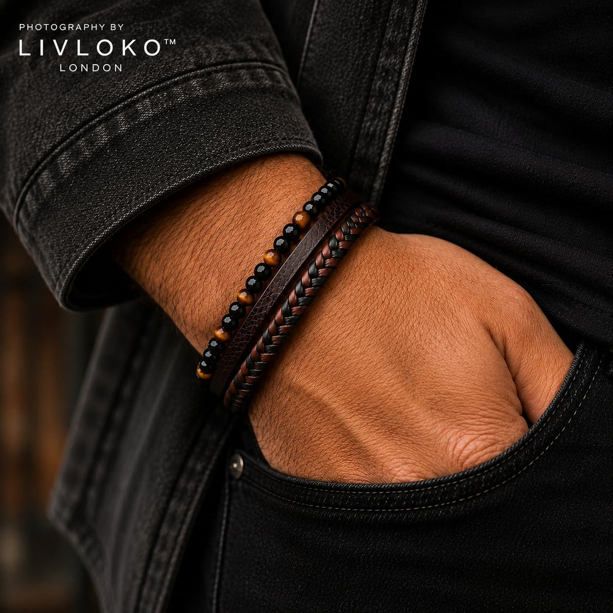 Mens Bracelet Leather Black Multi (B. Black Brown Tiger-Eye Adjustable / 8 IN (Fits Most Men))