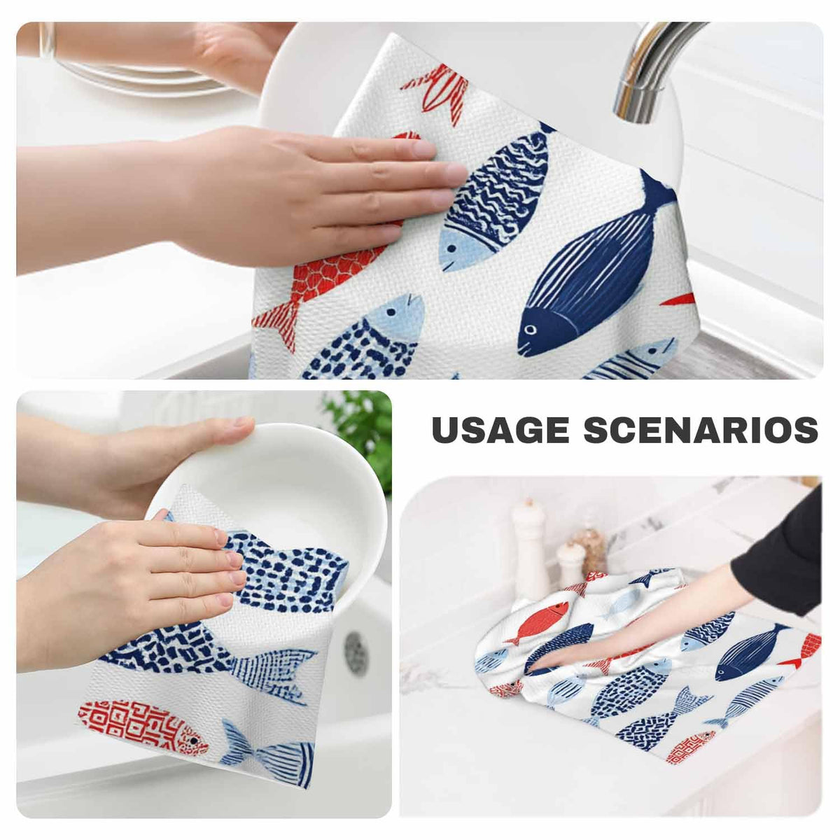 Decorative Fish Waffle Kitchen Dish Cloths Colorful Vintage Nautical Beach Abstract Fishes Ultra Soft Absorbent Quick Drying Dish Towels 16 X 24 Inches Set of 2 (Decorative Fish)