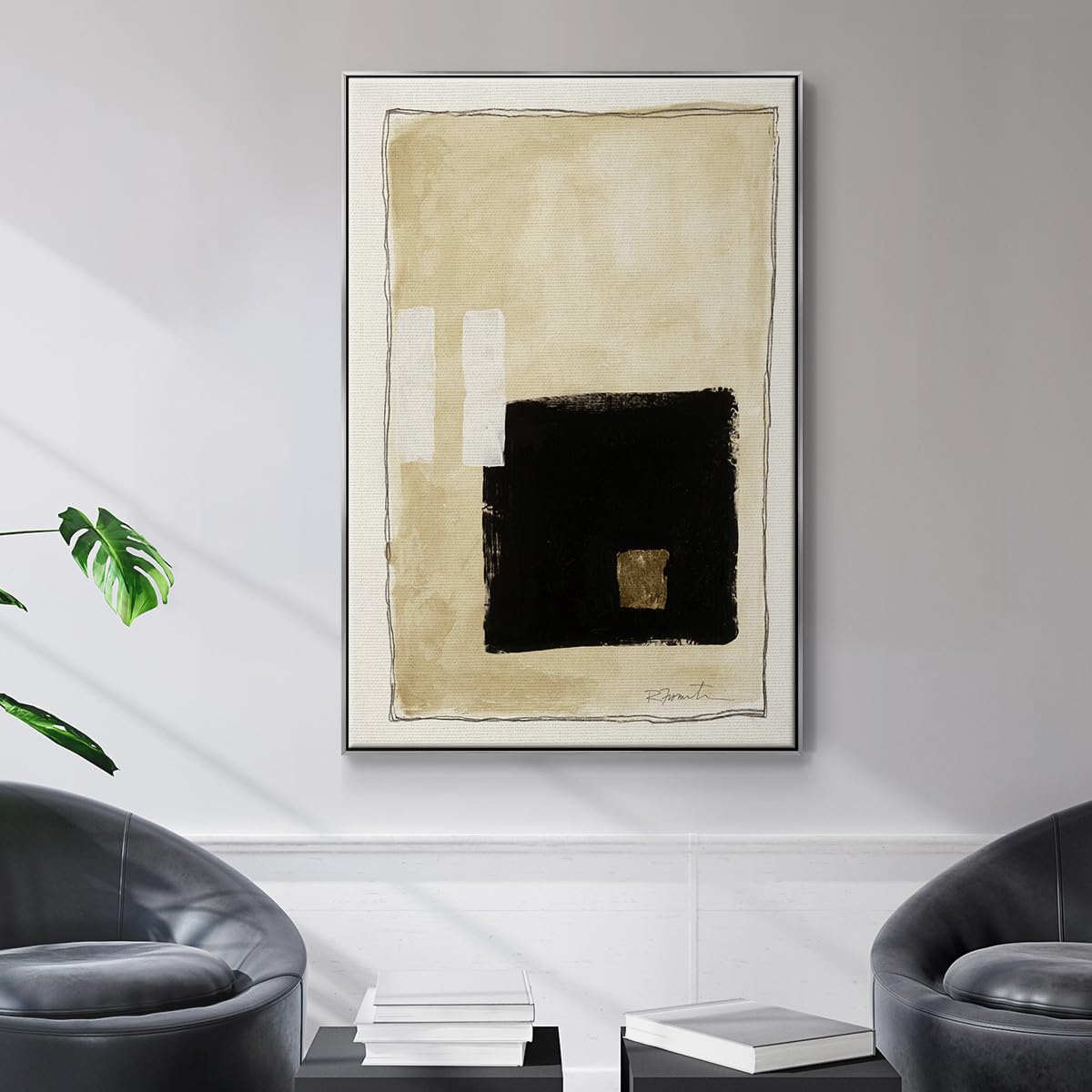 Abstract Wall Art for Home Decor Black Golden Geometric Square Patterns Canvas Silver Floater Frame Paintings for Bedroom Office Kitchen Walls (37"L x 25"W / Inner Musing I)