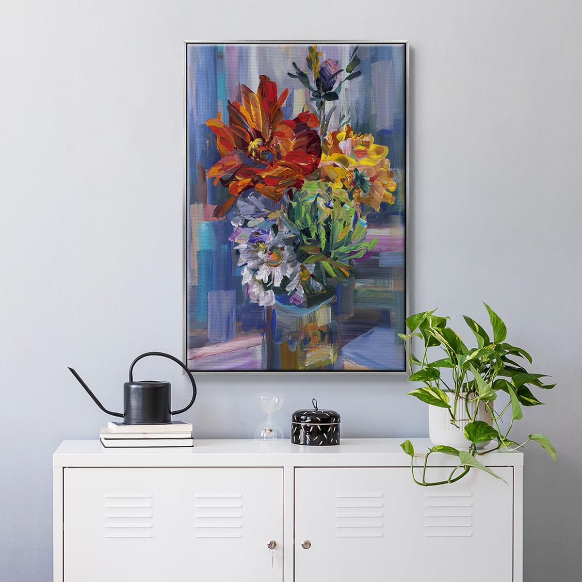 Abstract Wall Art Silver Floating Frame Paintings Multicolor Pastel Flowers in a Vase Canvas Hanging Artwork Prints for Bedroom Office Kitchen (41"L x 27"W / Modern Bouquet)