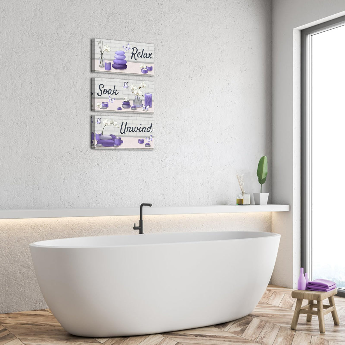 Purple Bathroom Wall Art Zen Pictures Canvas Painting for Zen Meditation Room Wall Decor Framed 8"x16" for Each (Purple)