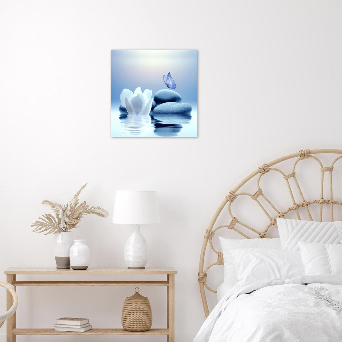 Zen Canvas Wall Art Blue Floral and Butterfly on Stone Framed Wall Art for Bathroom Living Room Bedroom Modern Spiritual Yoga Spa Picture Canvas Art Wall Decor (12"L x 12"W / Blue)