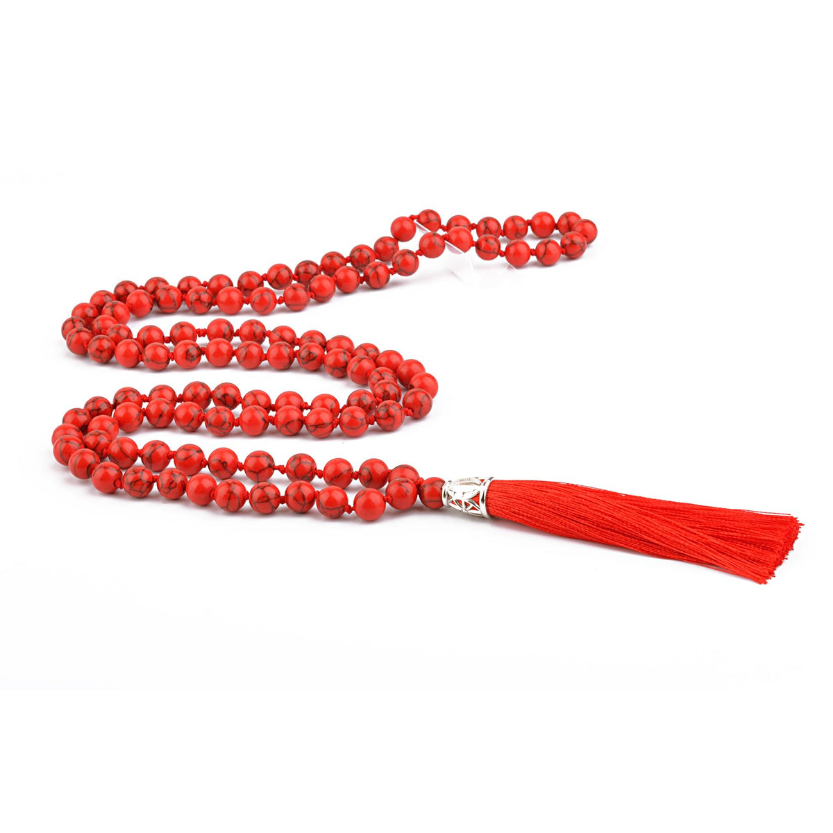 Mala Beads 108 Natural Stone GemStones Japamala Yoga Meditation Hand Knotted Beaded Tassel Necklace for Women Men (Red Turquoise)