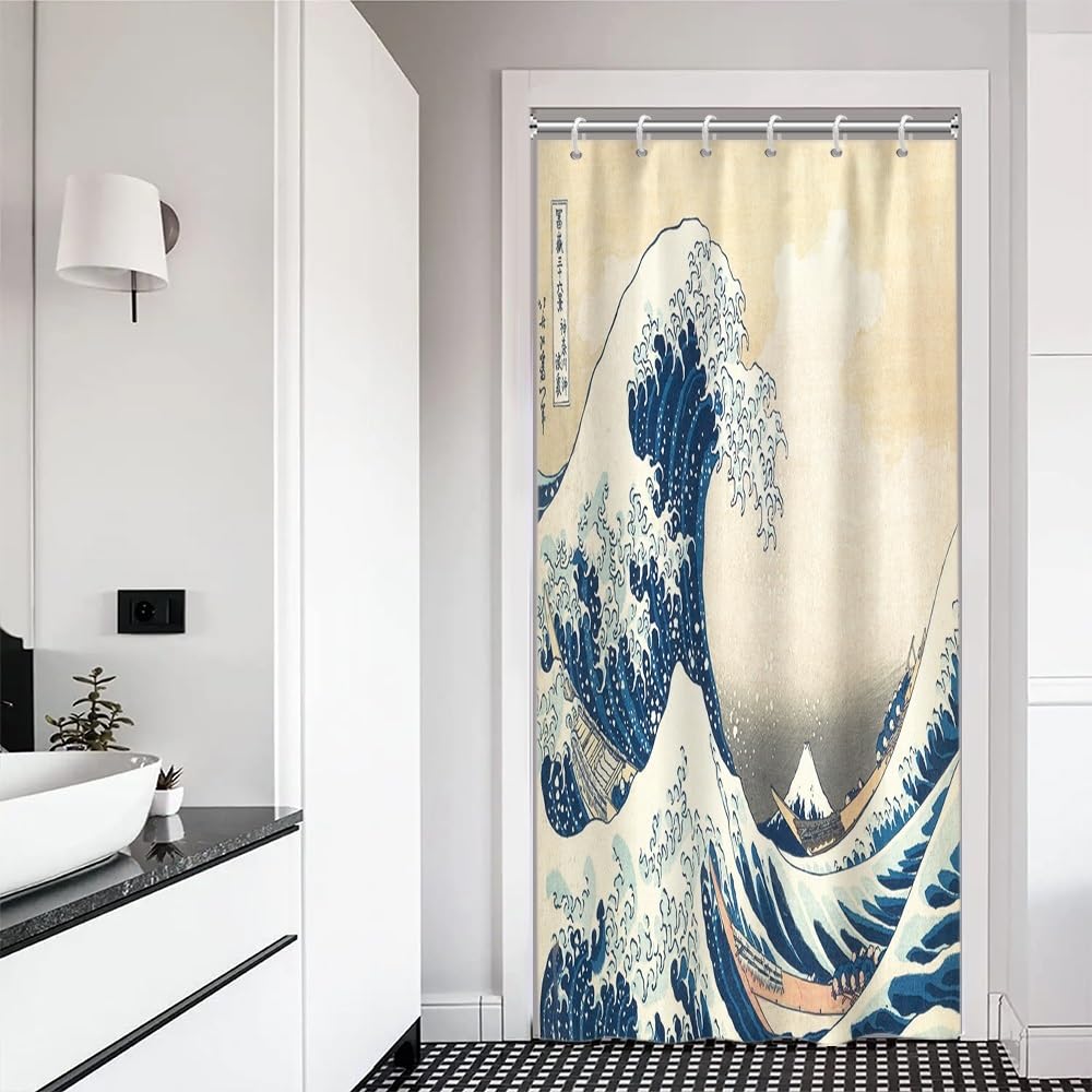 Traditional Japanese Painting Shower Curtain Japanese Sea Waves Bathroom Curtain Abstract Ocean Wave Wooden Boat Shower Curtains Washable Waterproof Fabric Bathroom Decoration 36x72 Inch (36"W x 72"L (Pack of 1) / Blue-48)