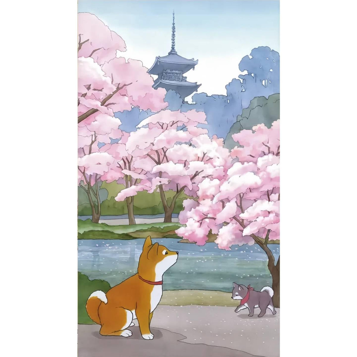 Noren Japanese Doorway Curtain Cherry Blossom Akita Inu Puppy Asian Tapestry Decorations Room Divider Privacy Anime Curtains Oriental Traditional Chinese (Sakura and Akita-dog / 33.5"W x 59"L (Pack of 1))