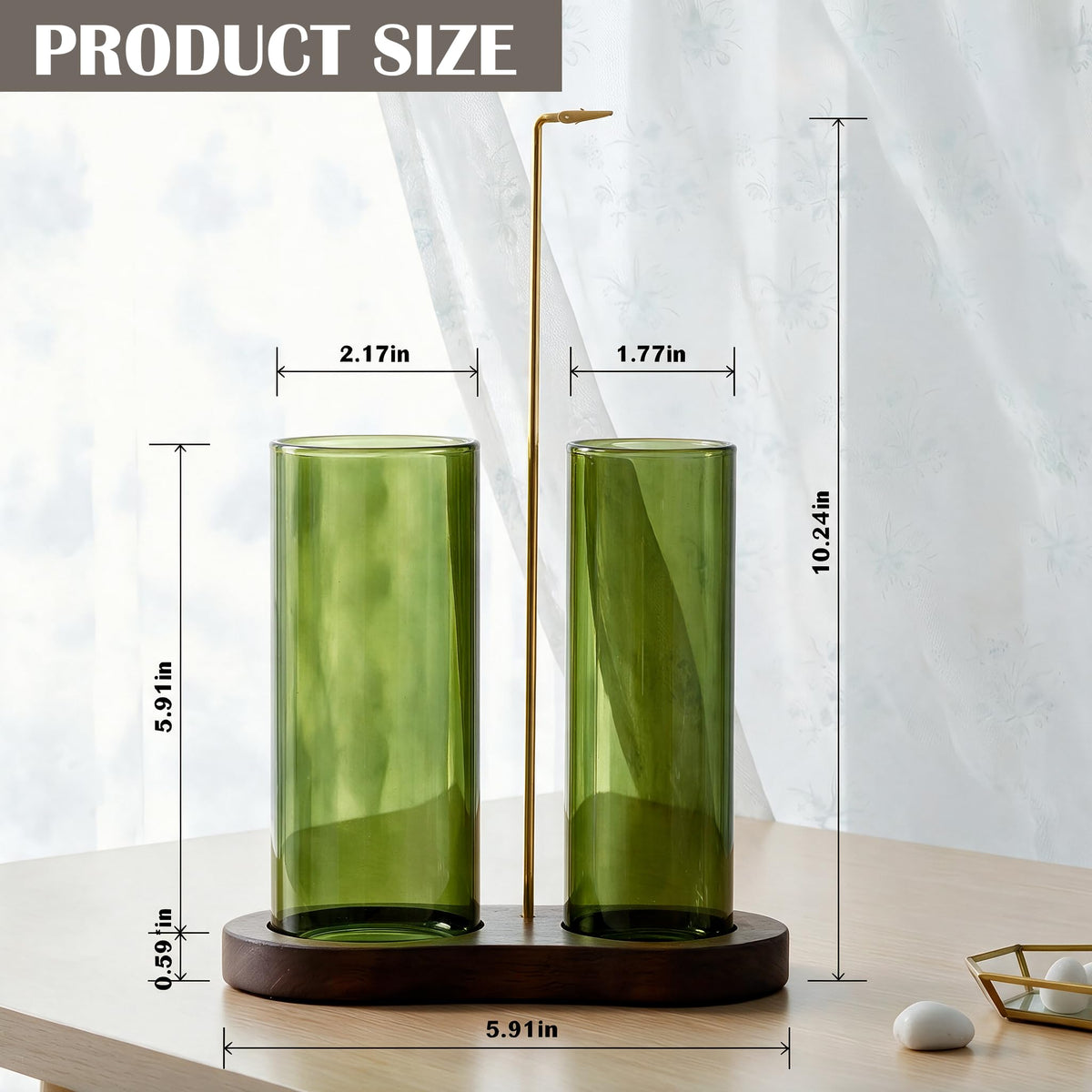 Incense Holder for Sticks Upside Down Hanging Incense Burner with Removable Glass Ash Catcher and Wooden Base (Green)