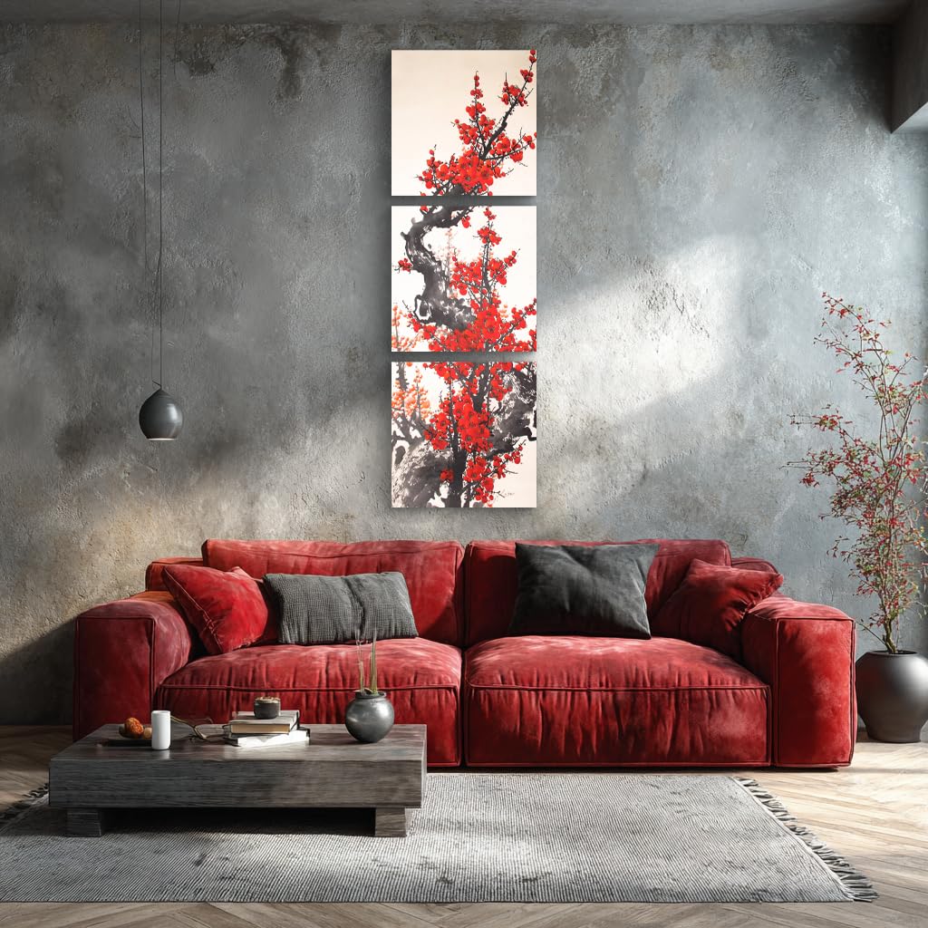 3Pcs Traditional Chinese Red Plum Blossoms Canvas Wall Art Print Red Flowers Asian Floral Painting for Home Decor Living Room Bedroom Office Botanical Artwork Ready to Hang (flower3 / 20x20 inches (3 pieces))