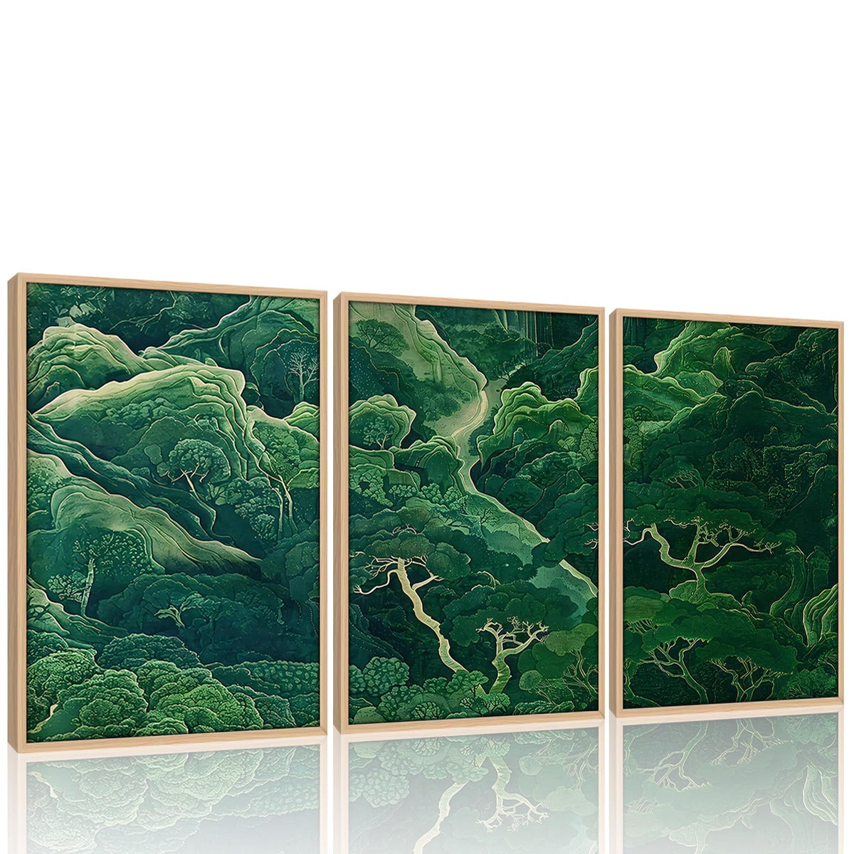3Pcs Green Japanese Forest Wall Art Ukiyoe Nature Mountain Canvas Prints (Green Forest / 12x16 Inches)