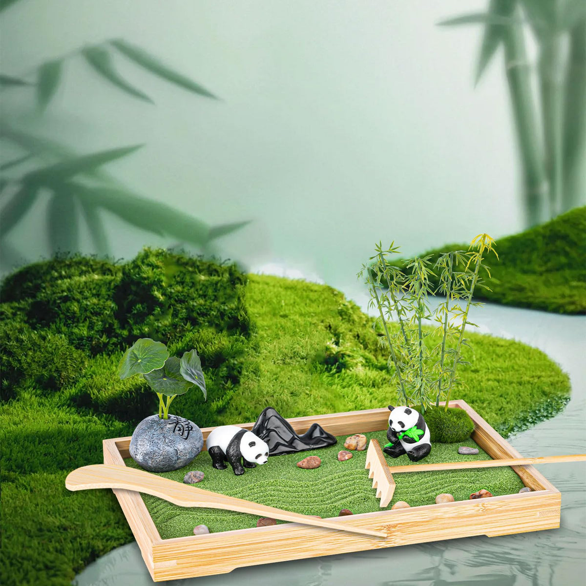 Zen Garden Kit for Desk 11''x7.5'' Room Decor with Green Sand (Panda Bamboo)