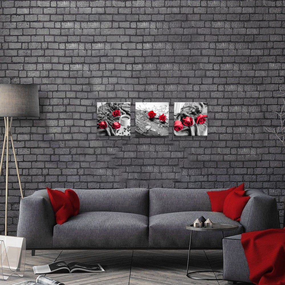 Canvas Print 3 Pcs Black and White Red Rose Canvas Art Painting Abstract Wall Art Decorations Flower Picture on Canvas for Home Decor Stretched and Framed (14 x 14 inches (3-Piece Set) / B&W Rose)