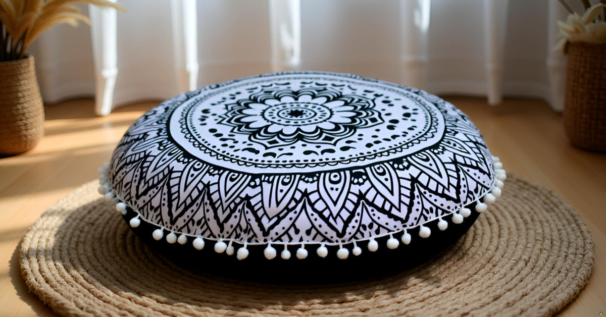 32" Large Round Bohemian Floor Pillow Cover Boho Pouf Cover Mandala Meditation Room Pillows Cover Adults Seating Poufs Cushion Cover for Kids Reading Playroom Black Flower (Black Flower)