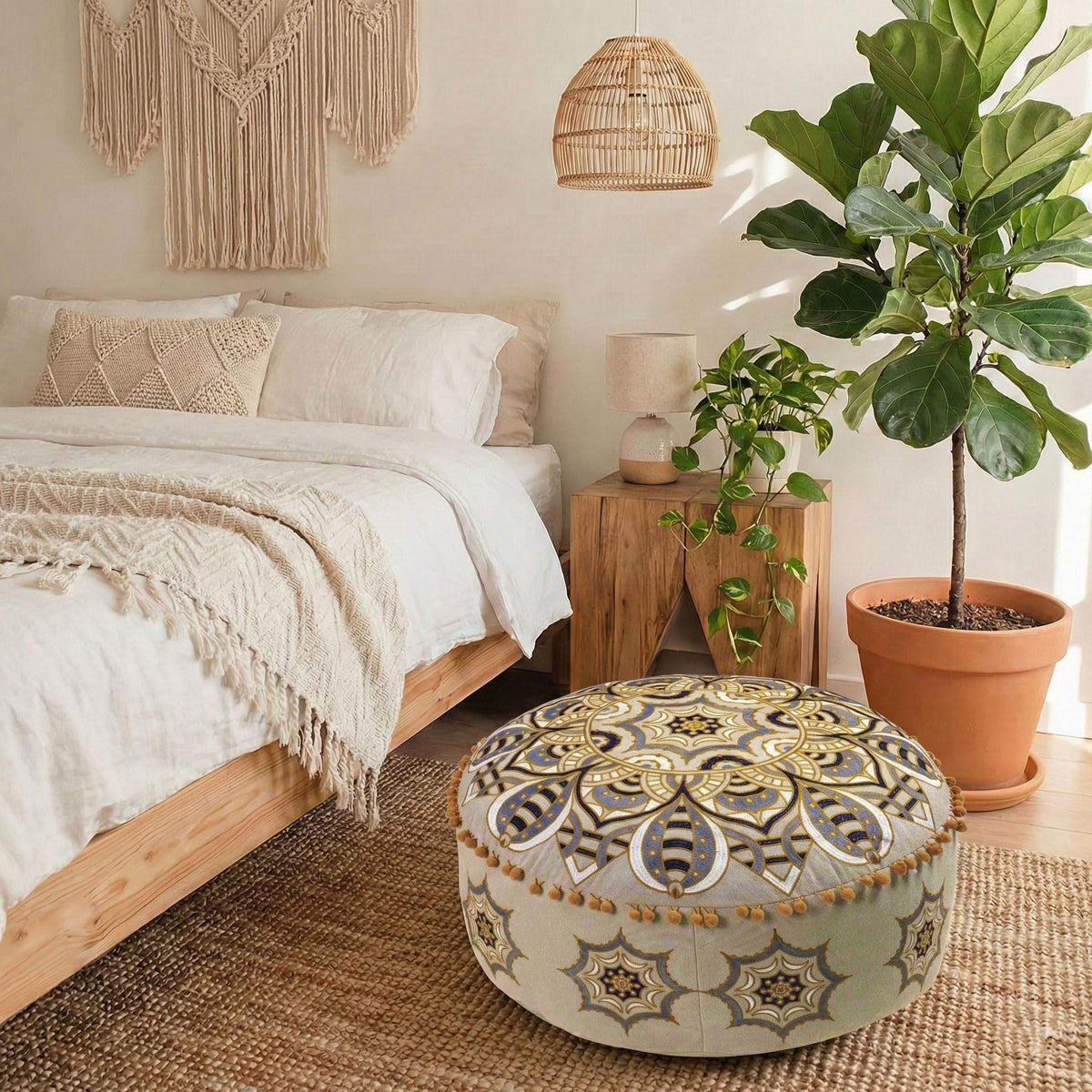 Moroccan Floor Pillow Cover Blue Gold Bohemian Décor Pouf Ottoman Large Round Yoga Floor Cushion Luxury Kids Room Décor Boho (Pouf Cover / Black Star)