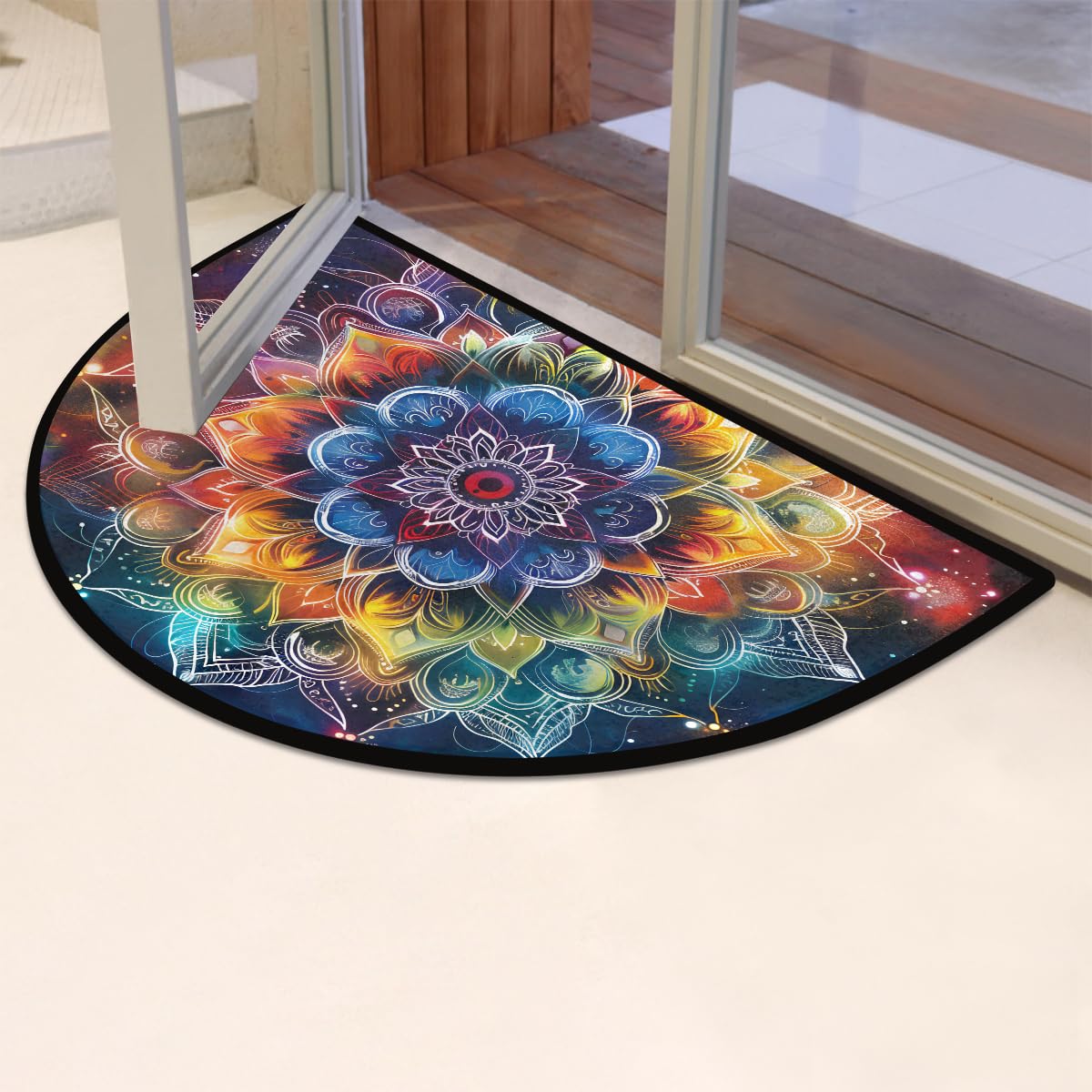 Half Round Doormat Galaxy Mandala Flower Washable Semi Circle Area Rug Non Slip Absorbent Half Moon Rug for Indoor Outdoor Bathroom Kitchen Patio Front Welcome Fireplace Hearth Floor Mat (B08:boho 10)