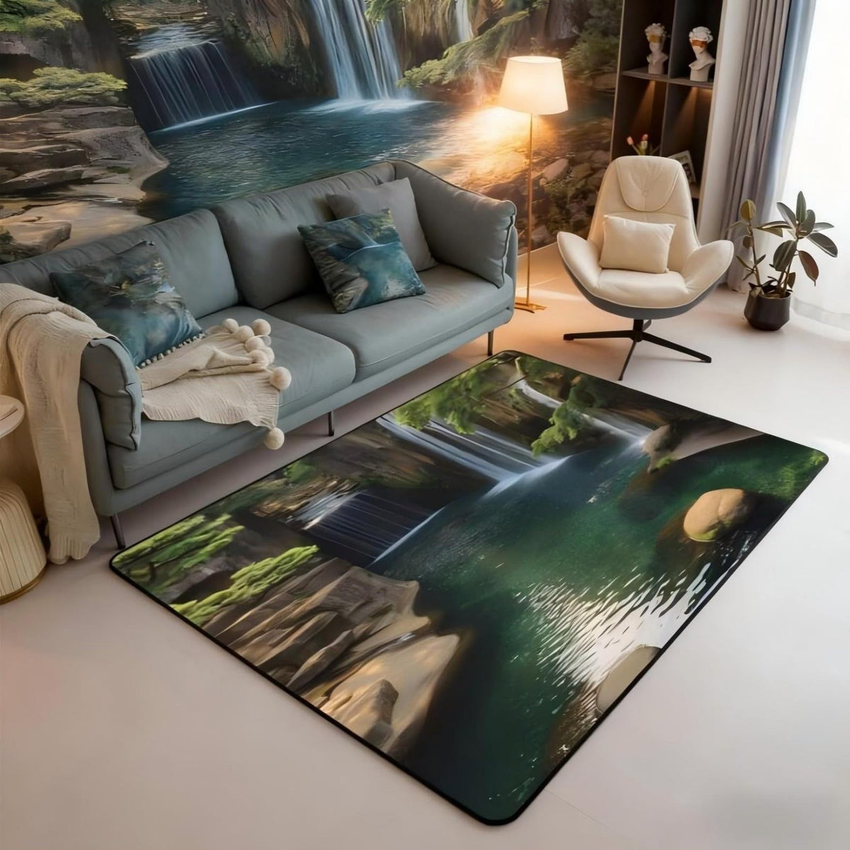 Waterfall 3 x 5 Area Rug Lake Cascade Scenery Rugs for Living Room (Green Brown / 3'3" x 4'11" (Rectangular))