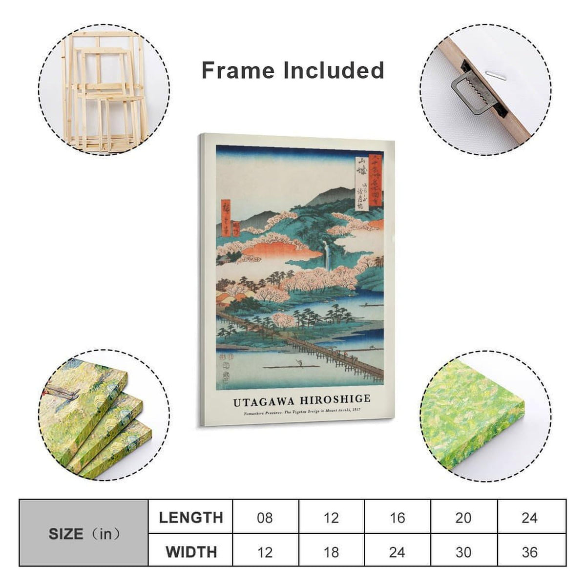 Utagawa Hiroshige Canvas Printing Wall Art Prints Posters Vintage Japanese Woodblock Landscape Togetsu Bridge Arashiyama Scenery Japandi Decor for Living Room Bedroom Office 08x12inch (style-6 / 08x12inch(20x30cm) Frame)