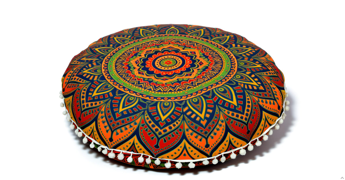 Round Mandala Floor Pillow Cover Seating Cushion Throw Cover Ottoman Pouf Cover Pom Pom Pillow Cases Hippie Decorative Bohemian Boho Indian 22 Inches (New Blue)