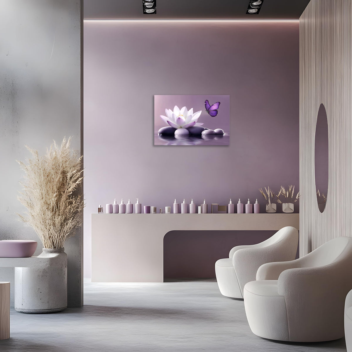 1 Panel Purple Wall Art Purple Pictures Wall Decor Zen Stone Water Lily and Butterfly on the Lake Pictures Poster Spiritual Yoga Spa Painting for Living Room Bedroom (24"L x 16"W / Purple Zen)