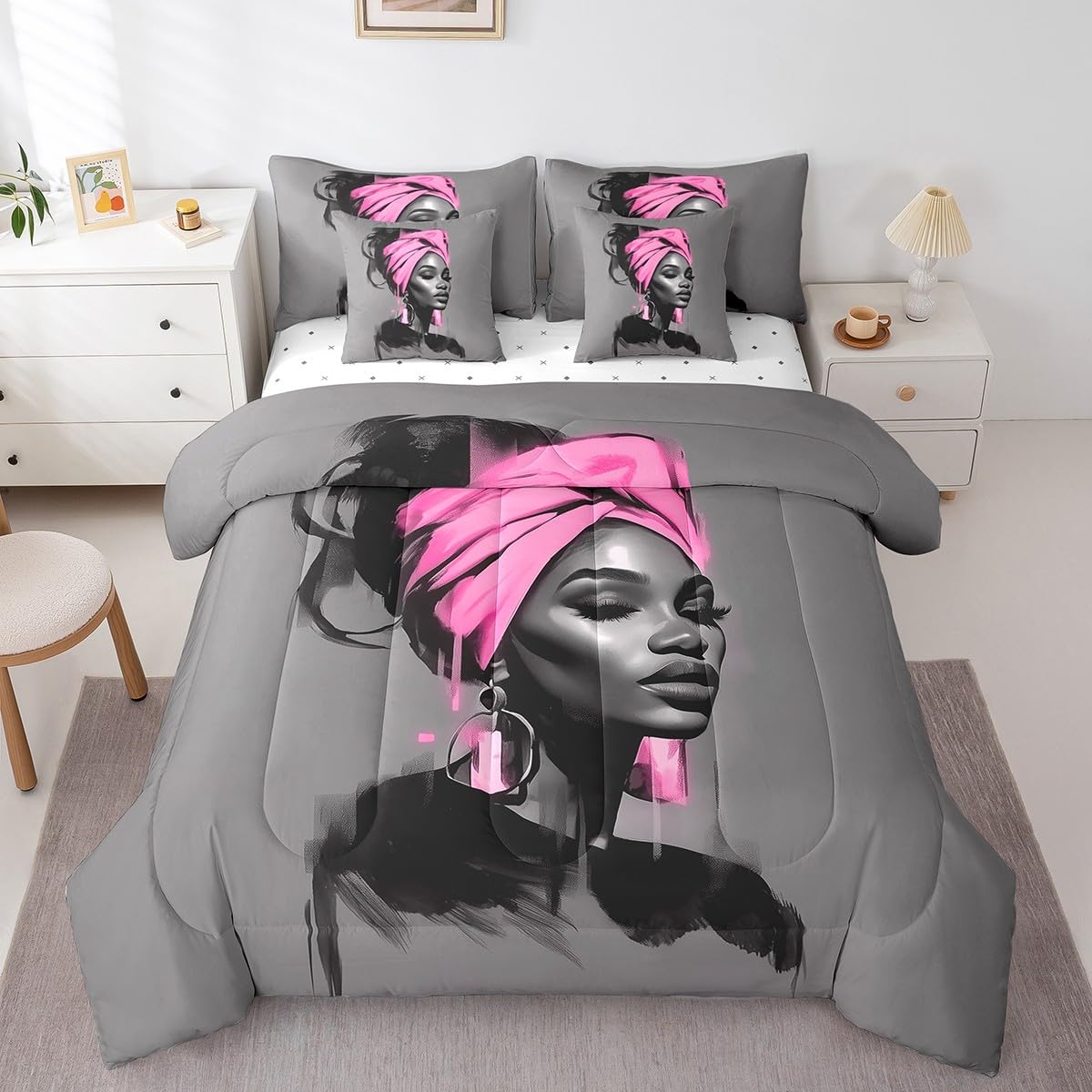Black Women Comforter Set with Sheets Twin Size African American Woman 7 Piece Bedding Set All Season Teens Pink Abstract Bed in A Bag Breathable Soft Lightweight Modern Room Decor (Light Gray Pink / Twin)