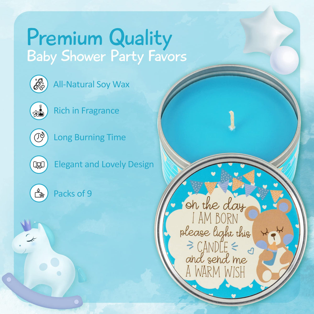Baby Shower Candle Favors for Boy (Blue-2-9pk)