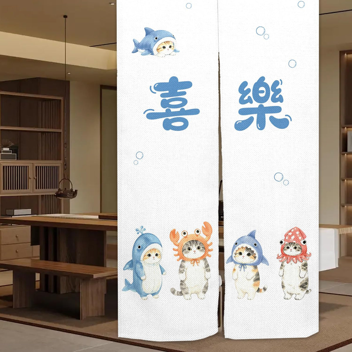 Funny Cat Noren Curtain Japanese Doorway Curtain for Door (Kawaii Sea Animal Cartoon Cat)