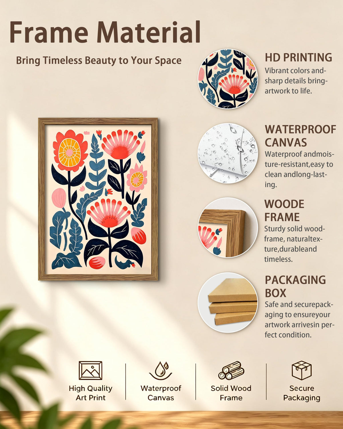 Framed Scandinavian Floral Canvas Wall Art (A-Bohemian Flower / 16"L x 12"W)